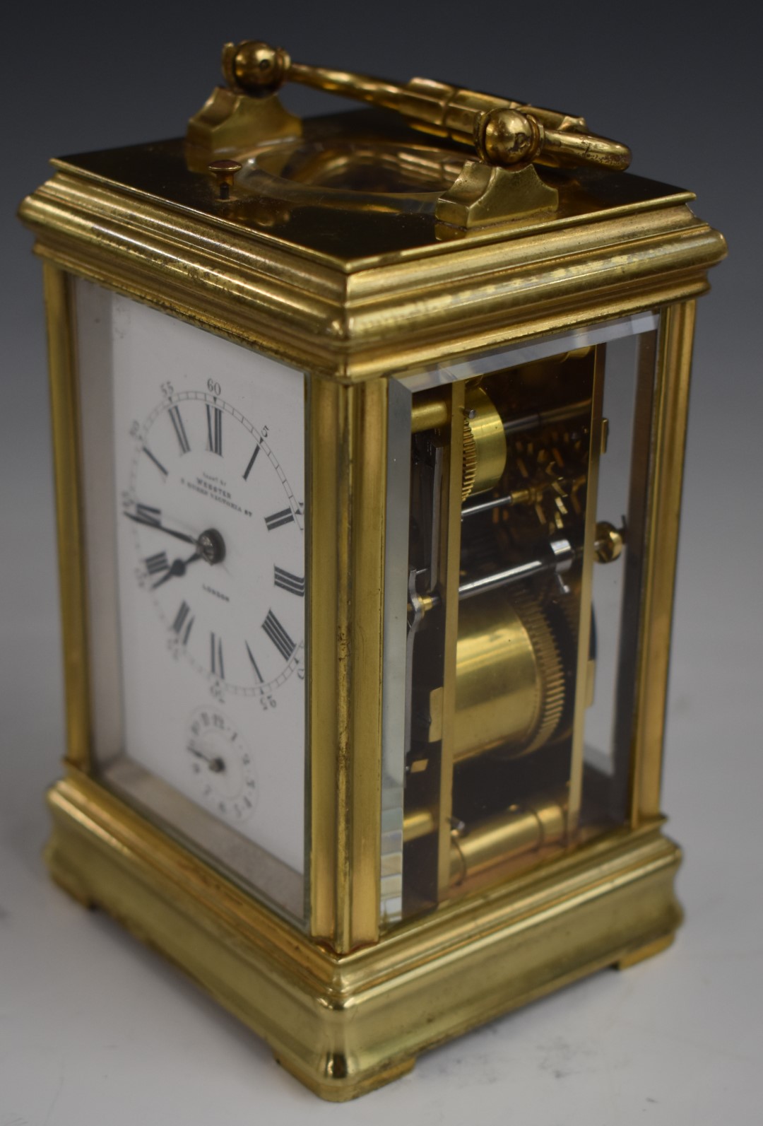 19thC half-hourly repeater brass carriage clock, the enamelled Roman and Arabic dial with alarm - Image 4 of 6