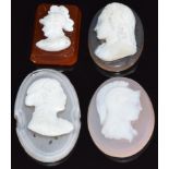 Four c1900 carved agate cameos depicting classical figures, largest 2.4 x 1.5cm