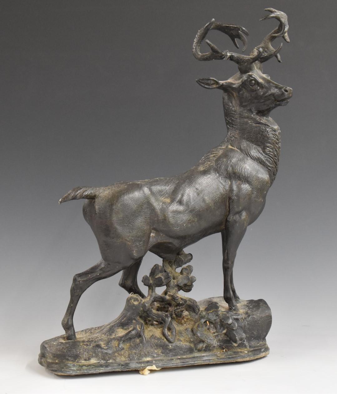 Spelter study of a stag on naturalistic base, H40cm