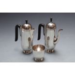 Silver plated Modernist teapot, hot water jug and sugar basin, height of tallest 23cm