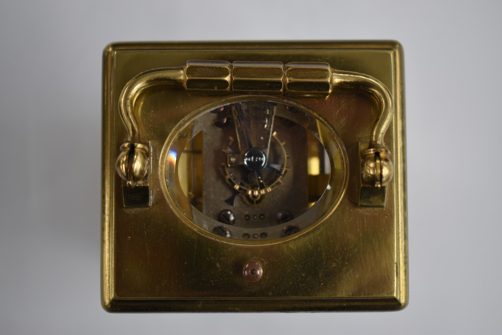 19thC half-hourly repeater brass carriage clock, the enamelled Roman and Arabic dial with alarm - Image 6 of 6