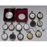 Fourteen open faced pocket and stop watches including some silver, Goliath style, Kays English