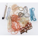 A collection of necklaces including coral, pearl, agate and silver, coral bracelets, etc