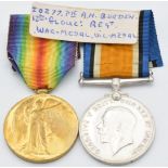 British Army WW1 medals comprising War Medal and Victory Medal named to 20277 Pte A H Burden, 12th