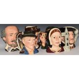 Six large Royal Doulton character jugs including Henry VIII, The Collector, Antique Dealer and Izaac