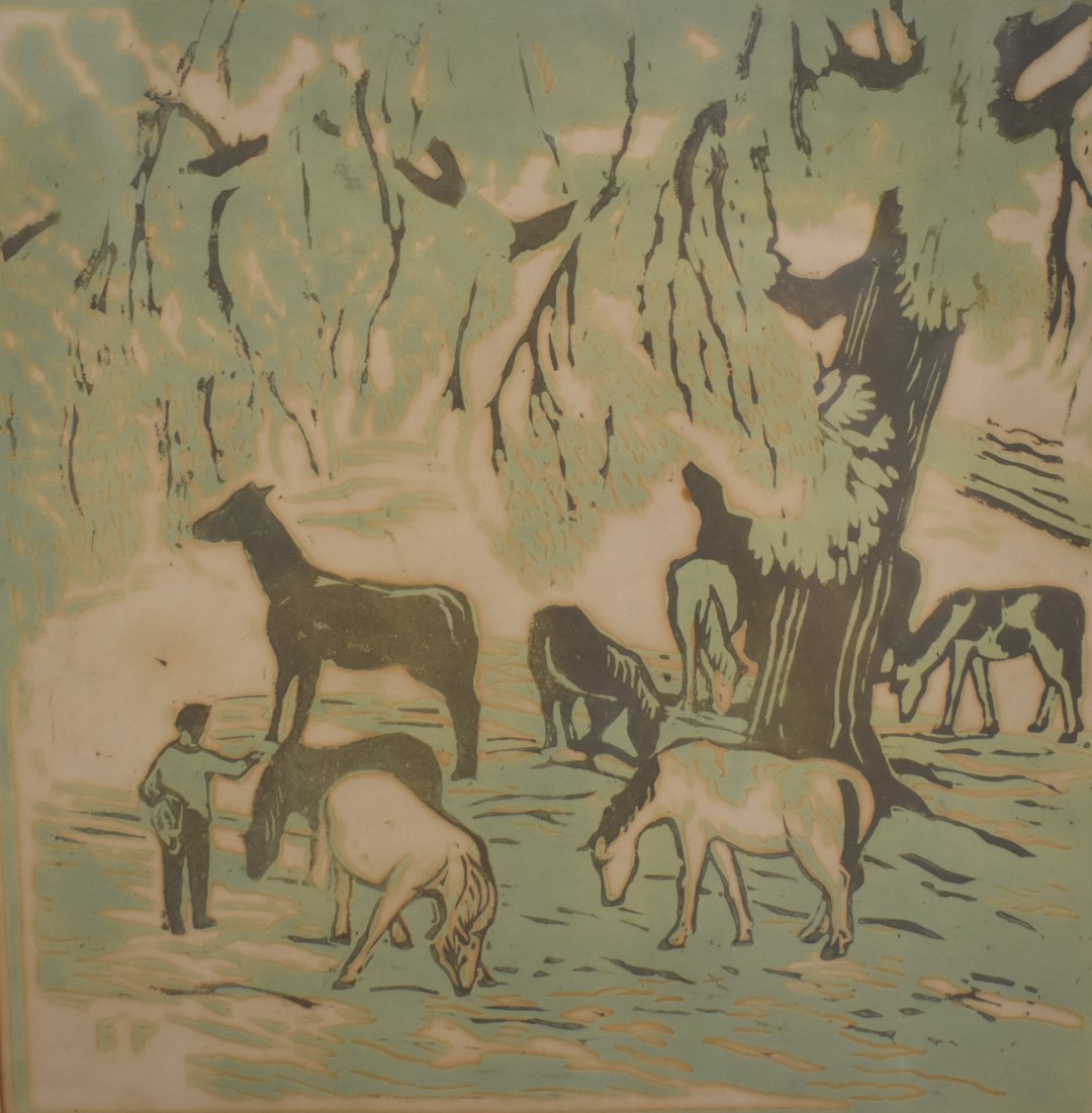 Edward Payne (1906-1991) watercolour figure with bridle among horses, label verso 'Dr David - Image 3 of 4