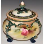 James Hadley for Royal Worcester footed pot pourri decorated with roses, shape 183 and Hadley and