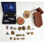 Air Ministry auriscope in fitted box by J Weiss & Sons London, badges, buttons and leather pouch