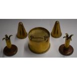Five pieces of trench art including a pair of candle sticks and a small biscuit barrel/ tobacco