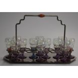 Art Deco kitsch plated drinks stand with 12 glasses, 20cm tall.