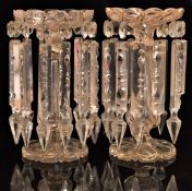 A pair of Victorian cut glass lustres with cut glass drops, 28cm tall.