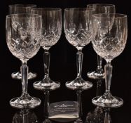 A set of six Waterford Crystal Lismore Pattern wine glasses, 19cm tall.