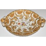 Meissen pedestal dish with twin shell handles and gilt and floral decoration, W31.5 x D21 x H6.5cm