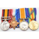 British Army WW1 medals comprising 1914/1915 Star, War Medal and Victory Medal with oak leaf emblem,