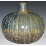 Studio pottery large drip glazed squat or pumpkin shaped vase with script to base, H21, diameter