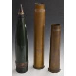 Two WW2 brass shell cases, one 3 inch dated 1938 the other 50cal 1945 together with a post WW2 4.5