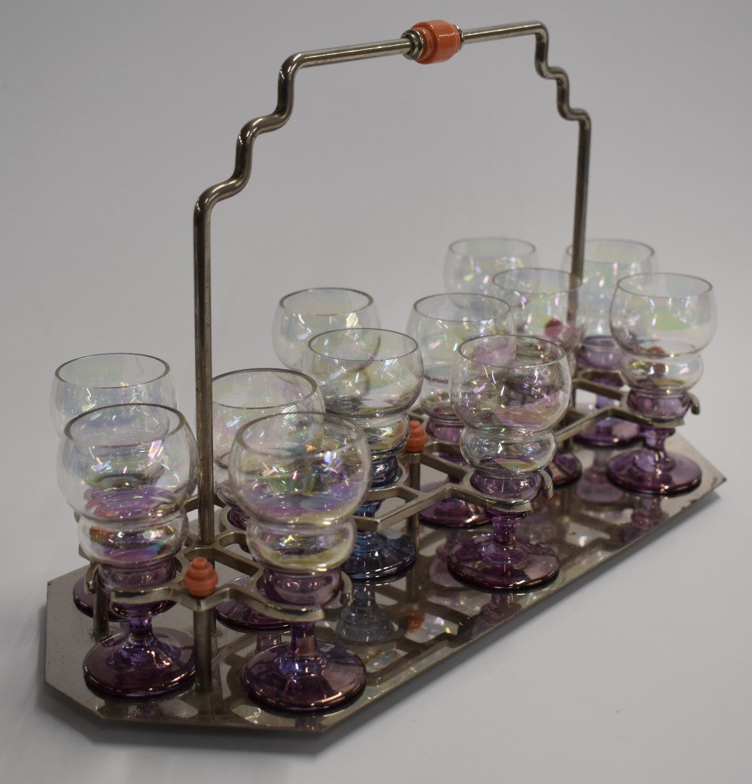 Art Deco kitsch plated drinks stand with 12 glasses, 20cm tall. - Image 2 of 2