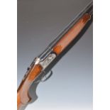 Lanber 12 bore over and under ejector shotgun with engraved scenes of birds to the locks and