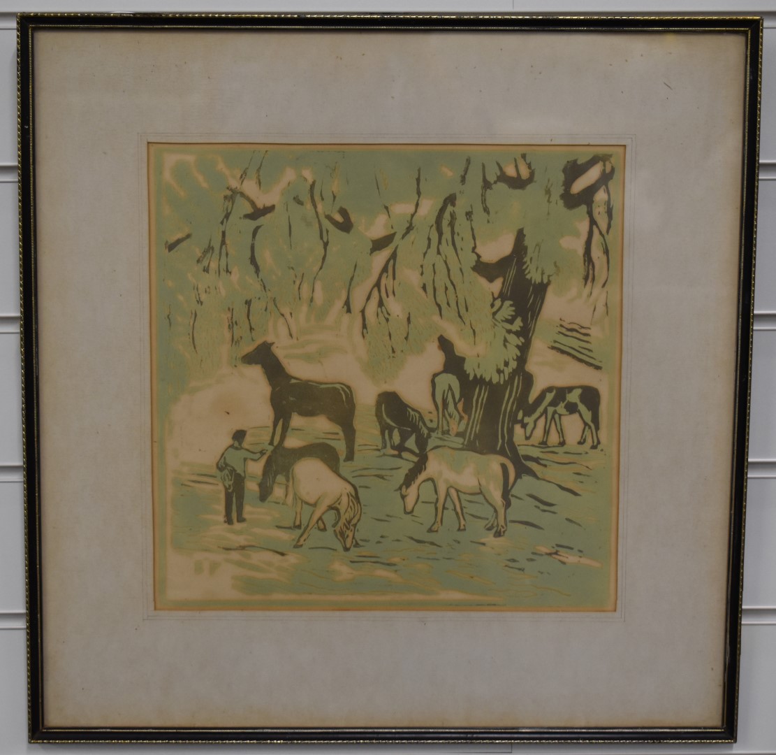 Edward Payne (1906-1991) watercolour figure with bridle among horses, label verso 'Dr David