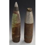 Two 105mm artillery shells, one complete with fuse cone, tallest 50cm