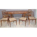 Retro mid century modern McIntosh table and six chairs, W154 x D92 x H74, extra leaf 46cm