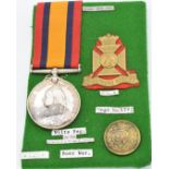 British Army Queen's South Africa Medal 1899 named to 5781 Pte E Ryan Wiltshire Regiment, with hat