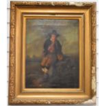 19thC oil on canvas fisherman resting with his rod and bags, 47 x 36cm, in period gilt frame