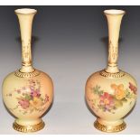 Pair of Royal Worcester blush ivory pedestal vases, shape 1661, H16.5cm