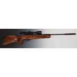 Theoben .22 air rifle with chequered thumb hole grip, raised cheek piece to the stock, chequered
