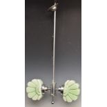 Art Deco ceiling light with two fan shaped green glass shade and chrome fittings, 83cm tall.