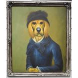 Comical oil on canvas of a dog in hunting gear, 60 x 50cm