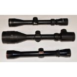 Three rifle scopes comprising Rhino 3-9x50 AO, Tasco Silver Antler 39x40 WA and Simmons Model 1022