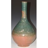 Signed large studio pottery pedestal vase with flambé style glaze, signature indistinct, H35.5cm