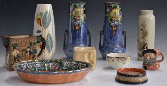 Ceramics including a pair of lustre twin-handled vases, Chinese vase, Royal Doulton, Cunard White
