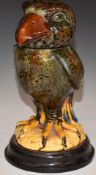Martin Brothers style covered bird jar on plinth, H26cm