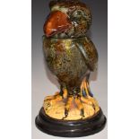 Martin Brothers style covered bird jar on plinth, H26cm