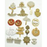 Nineteen cap and collar badges including 3rd Volunteer Battalion Sommerset Regiment, 6th Territorial