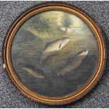 A. Roland Knight (British, 1879-1921) oil on board of three trout rising, diameter 28cm