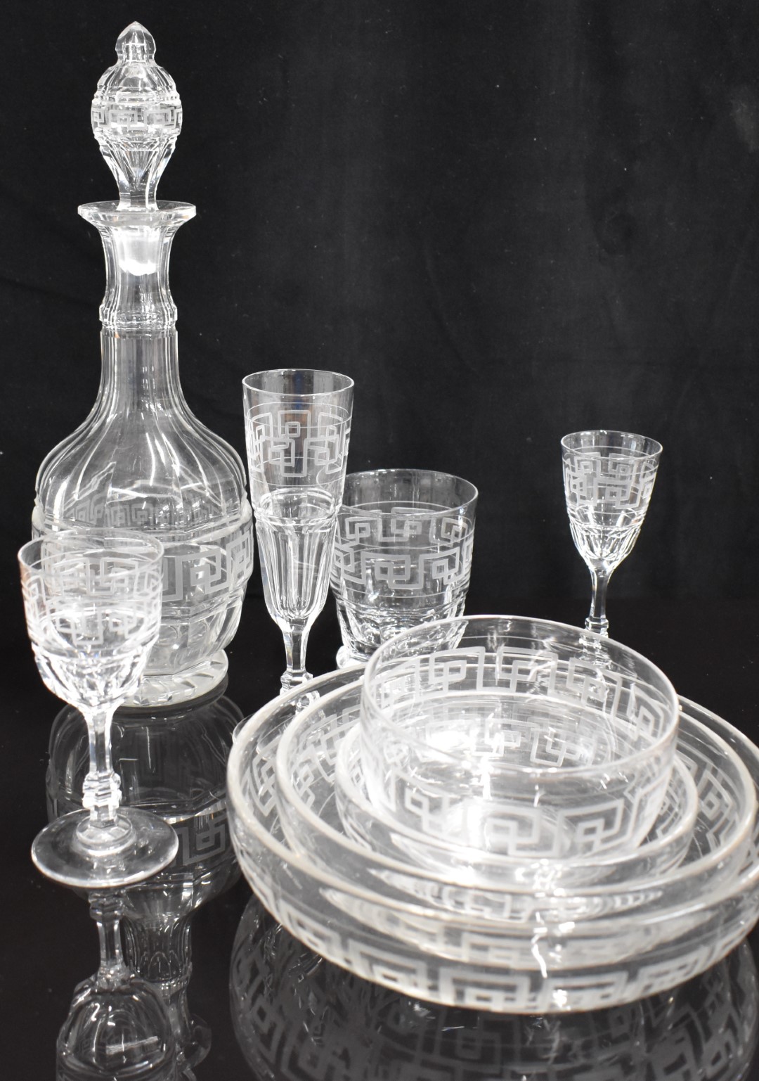 A large suite of cut drinking glasses and dessert bowls with hand etched Greek key design in the - Image 2 of 2