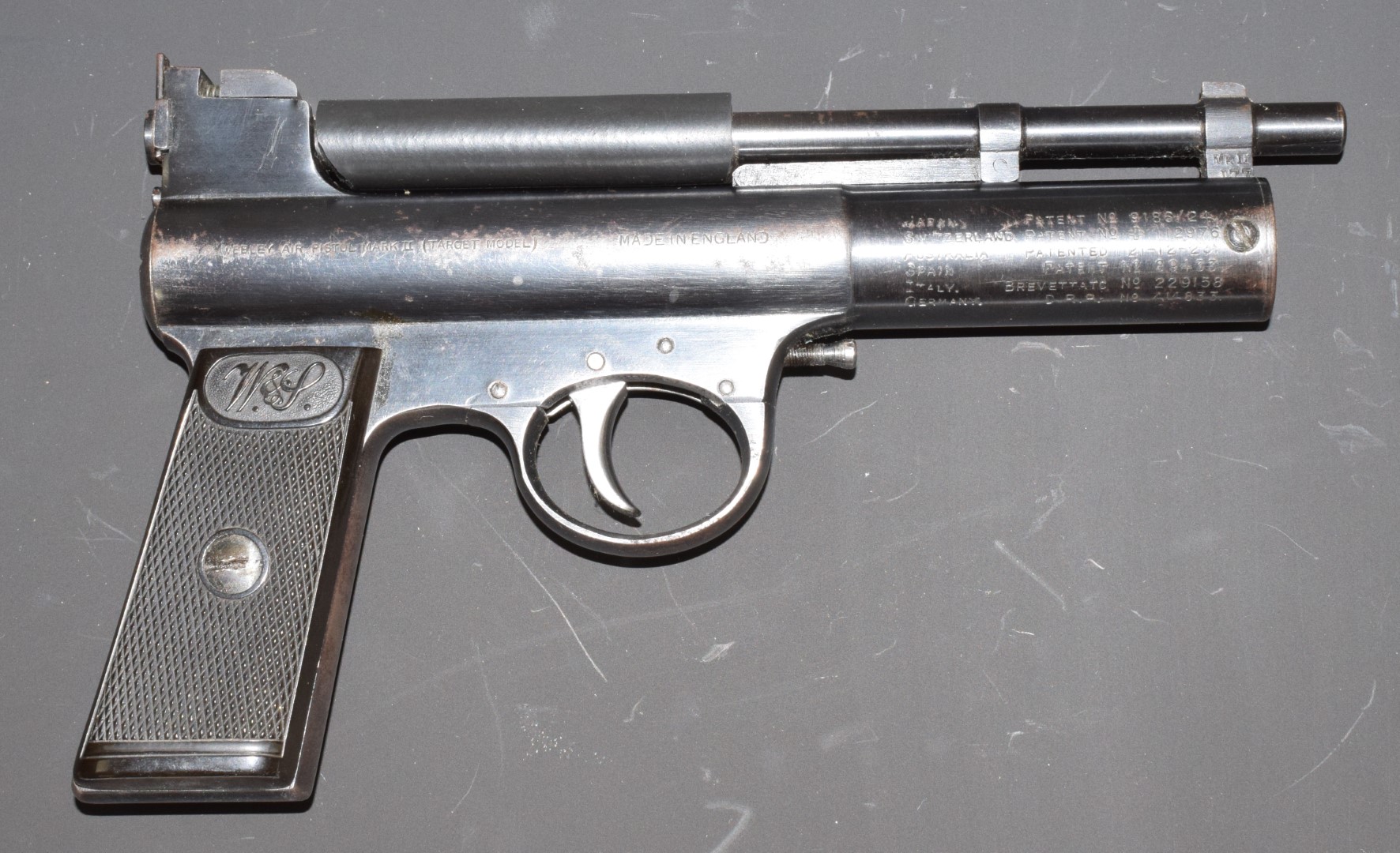 Webley Mark II .177 air pistol with monogrammed and chequered grips, in original box with - Image 2 of 3
