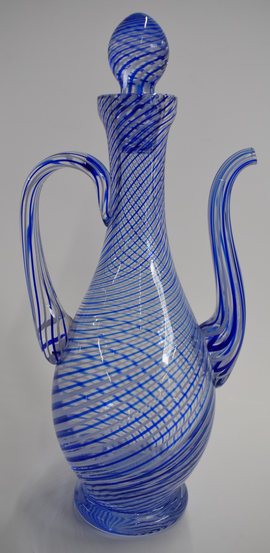 Glass ewer with blue and white cotton twist decoration, signed to base, 28cm tall. - Image 2 of 2