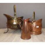 Two coal scuttles, brass and copper, one Art Nouveau and a copper jug, tallest 48cm