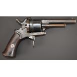 Belgian 7mm six-shot pin fire revolver with folding trigger, shaped wooden grips and 3.5 inch