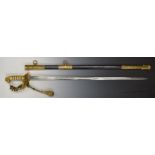 Royal Navy dress sword with folding guard, sword knot, 79cm decorated blade and leather scabbard,