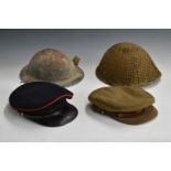 Four British Army peaked caps, one khaki by Flights Ltd, Bond Street, London, the other No1 Dress