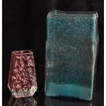 Whitefriars textured bark coffin vase in red together with a Whitefriars style vase in kingfisher