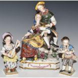 Continental porcelain figures including sweethearts with bird's nest, blue Vienna mark verso and two