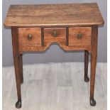 Georgian oak sidetable or lowboy with three drawers and shaped under stretcher W68 x D46 x H69cm