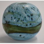 Gozo glass striated azure blue vase, signed to base, probably by Michael Harris, 9.5cm tall.