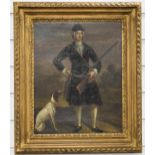 19thC oil on canvas of a man with shotgun and pointer dog, 41 x 32cm